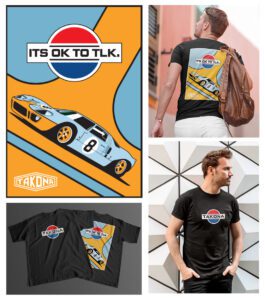Limited edition GT40 T shirt design for Takona with part of the profits from sales going to mental health charities