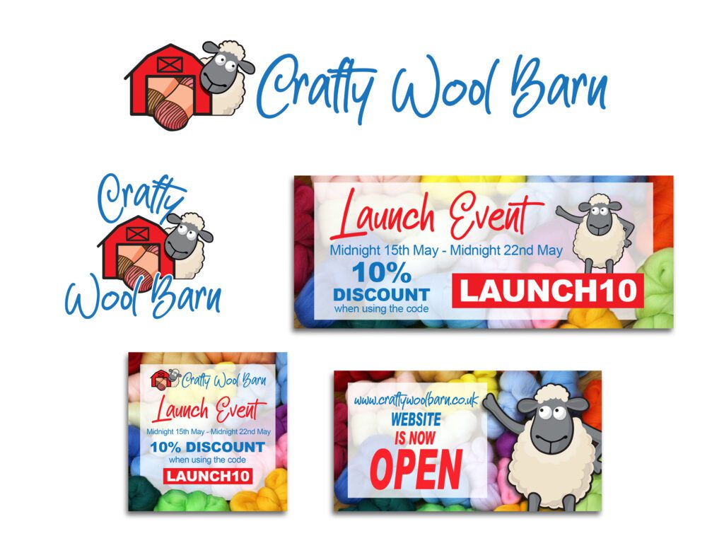 Craft Wool Barn Logo and digital advertising materials designs
